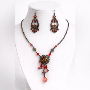 Vintage Inspired Gunmetal Statement Necklace & Chandelier Earrings Set Bohemian